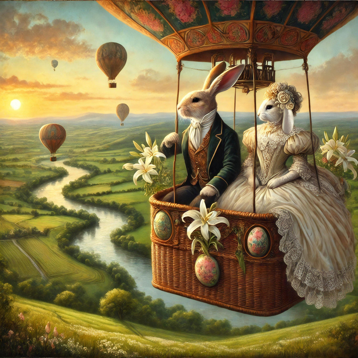Vintage Easter Bunny Couple in Hot Air Balloon: Whimsical Spring Wall Art (Digital Download)