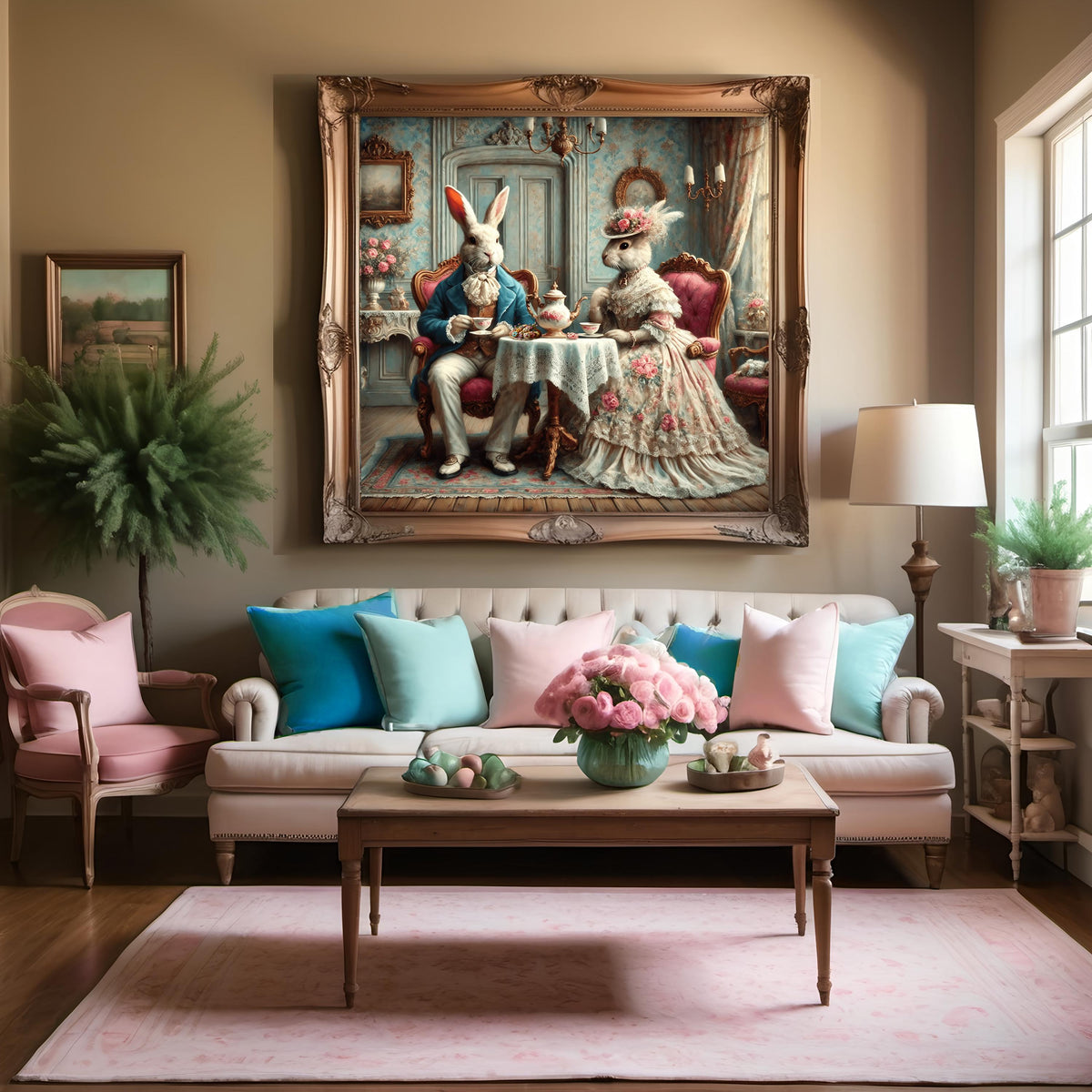 Victorian Easter Bunny Tea Party Print: Whimsical Vintage Wall Decor (Digital Download)