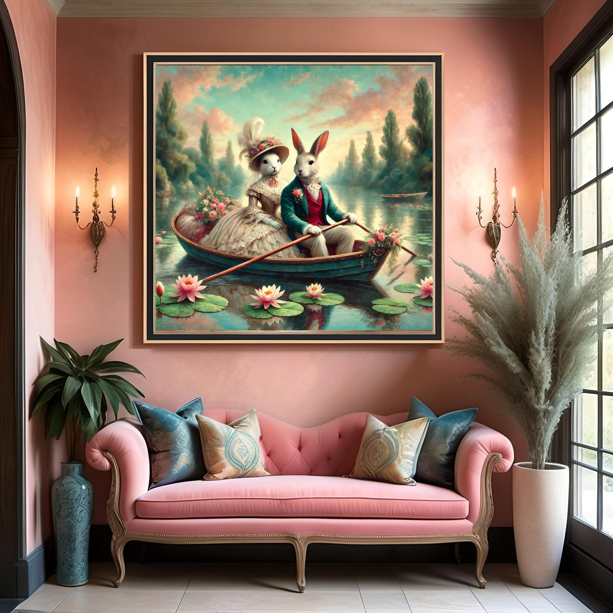 Victorian Bunny Romance Print: Vintage Rabbit Couple Boat Ride (Digital Download)