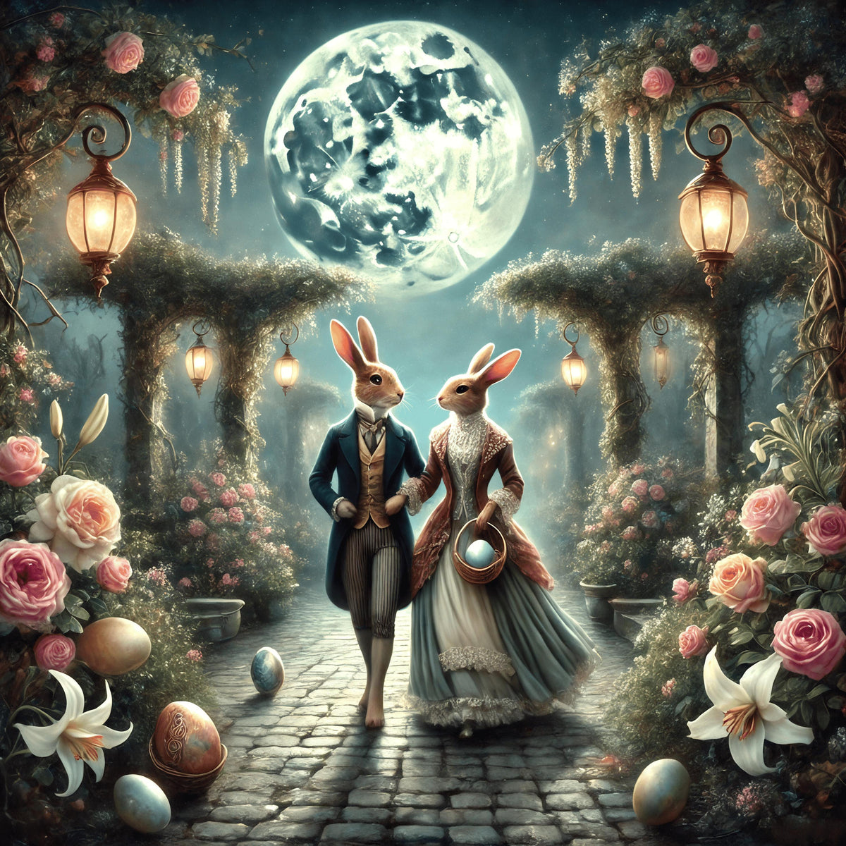 Victorian Bunny Couple Print: Moonlit Easter Garden (Digital Download)