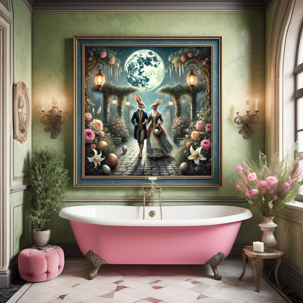 Victorian Bunny Couple Print: Moonlit Easter Garden (Digital Download)