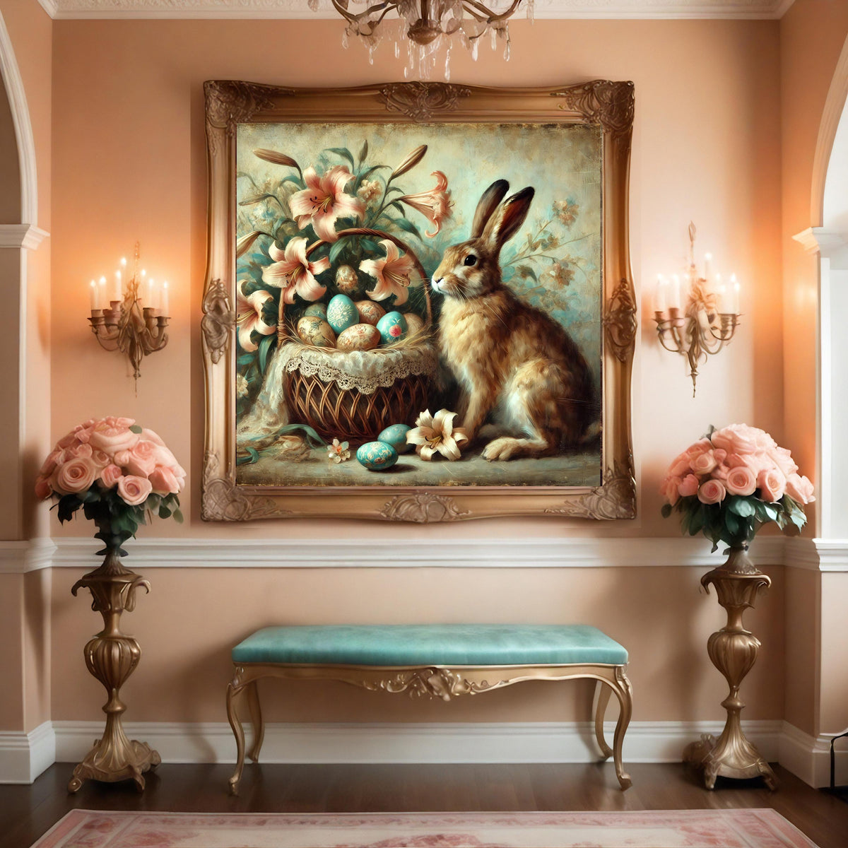 Vintage Easter Bunny Floral Basket Print: Whimsical Victorian Wall Art (Digital Download)