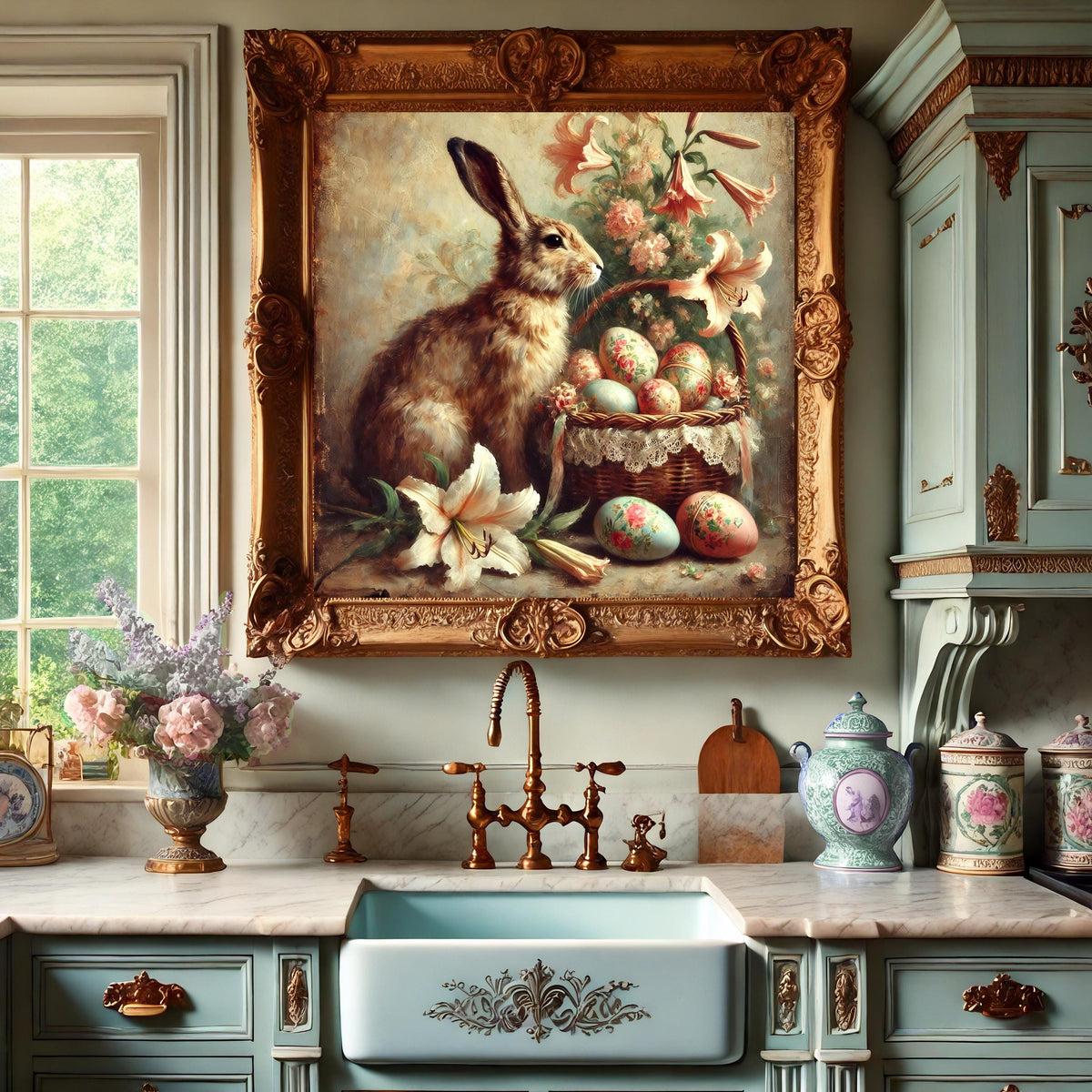 Vintage Easter Bunny Print: Victorian Floral Basket Art (Digital Download PNG)