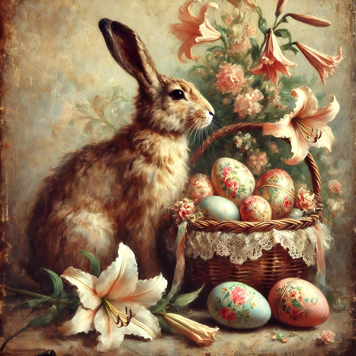 Vintage Easter Bunny Print: Victorian Floral Basket Art (Digital Download PNG)