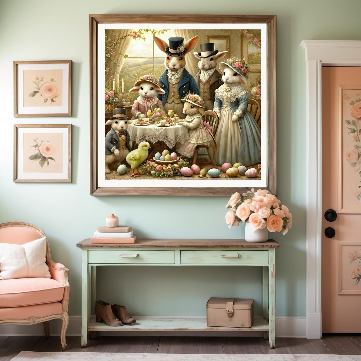 Victorian Easter Bunny Family Tea Party Print: Shabby Chic Cottagecore Art (Digital Download)
