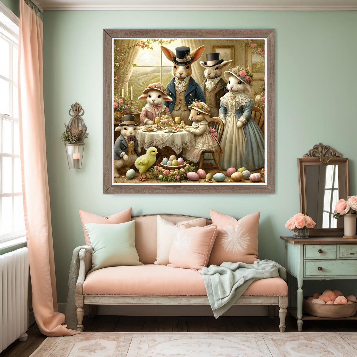 Victorian Easter Bunny Family Tea Party Print: Shabby Chic Cottagecore Art (Digital Download)