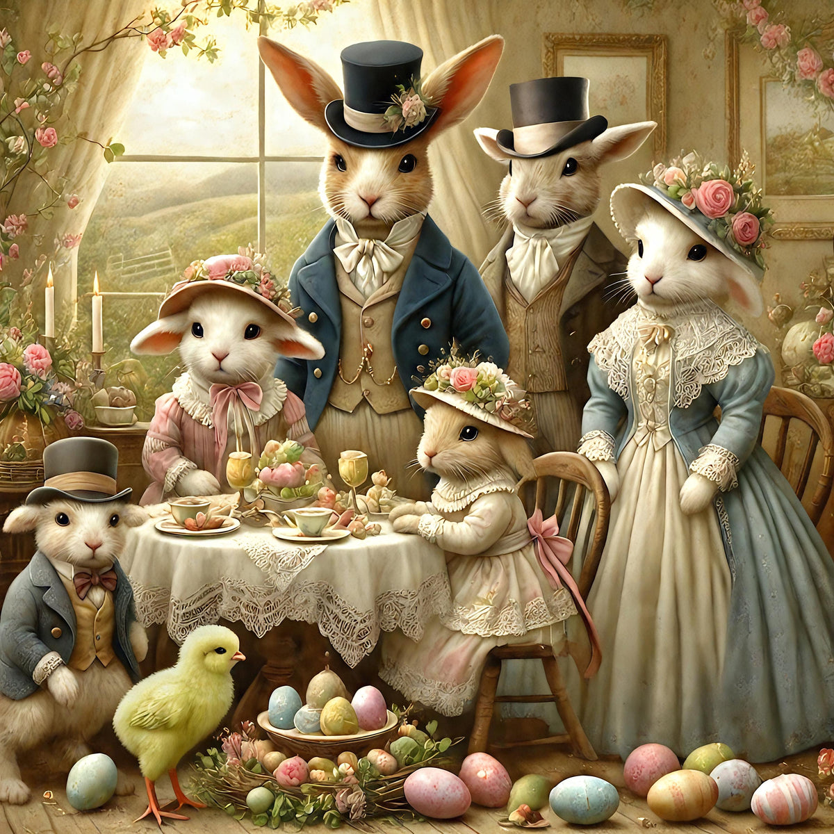 Victorian Easter Bunny Family Tea Party Print: Shabby Chic Cottagecore Art (Digital Download)