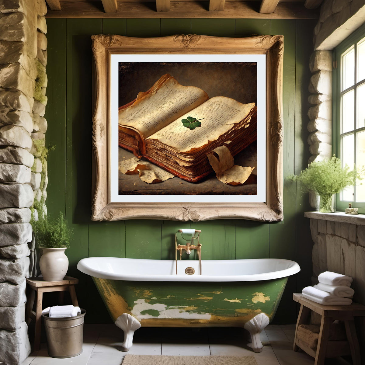 Antique Book with Clover Print: Irish Folklore Art (Digital Download)