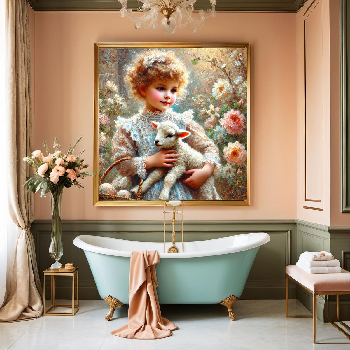 Vintage Easter Girl and Lamb Art Print: Antique Spring Pastoral Decor (Digital Download)