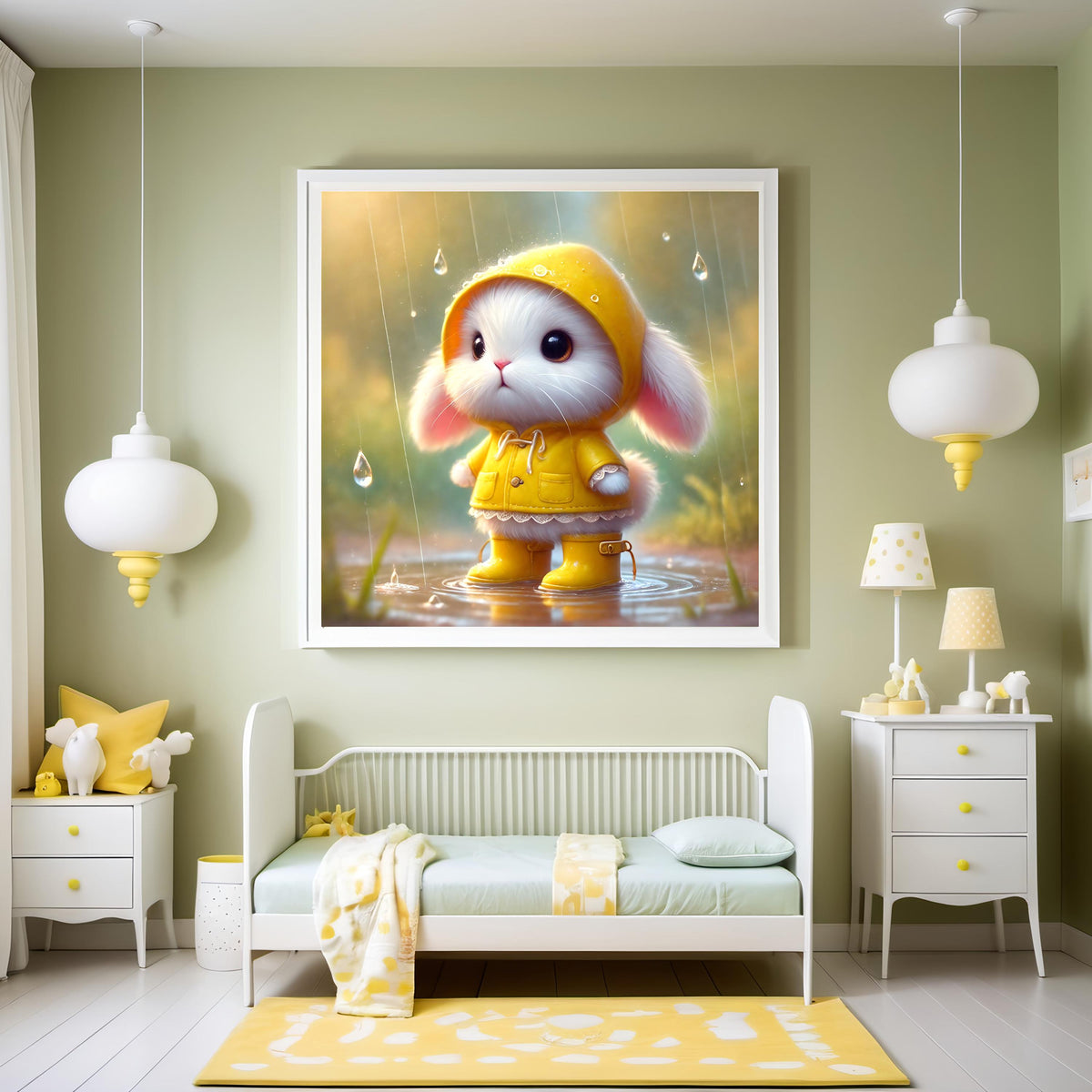 Bunny in Yellow Raincoat Art: Whimsical Nursery Print (Digital Download)