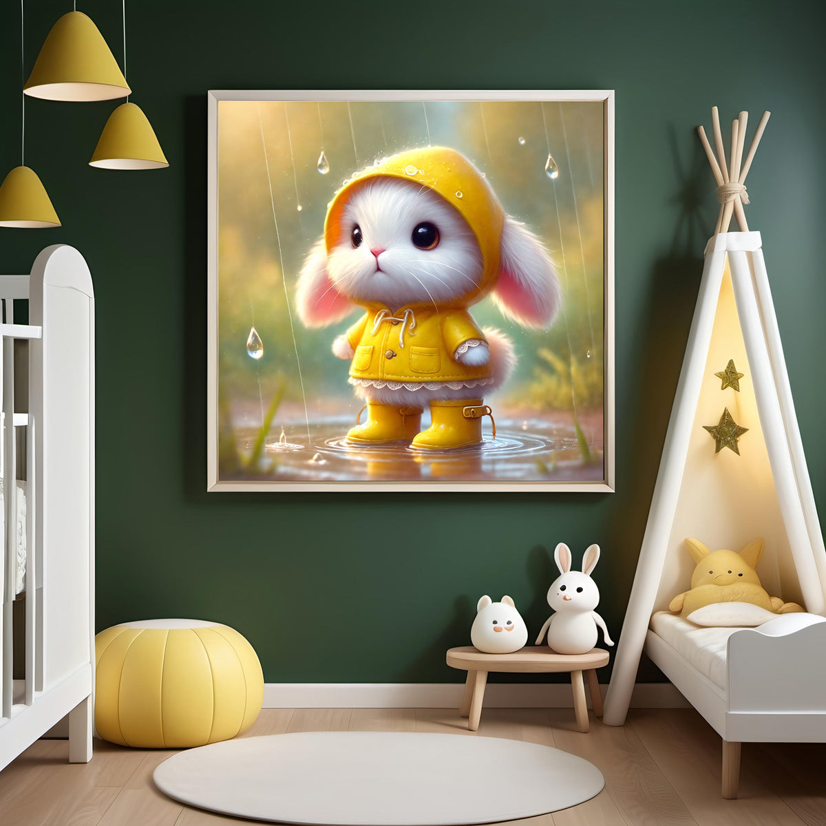 Bunny in Yellow Raincoat Art: Whimsical Nursery Print (Digital Download)