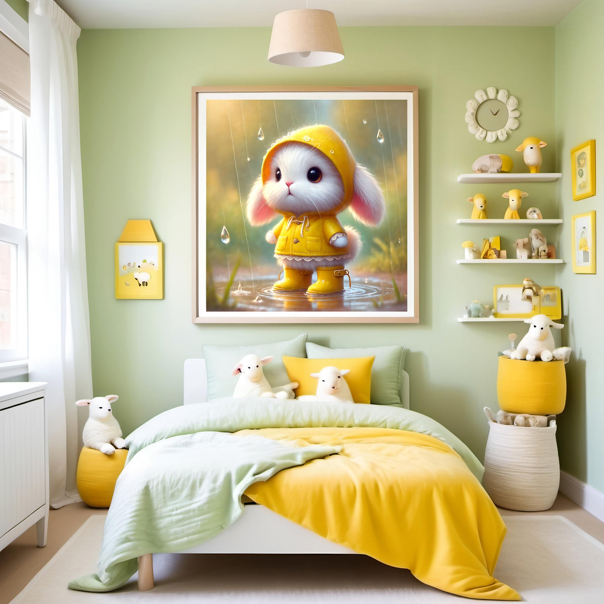 Bunny in Yellow Raincoat Art: Whimsical Nursery Print (Digital Download)