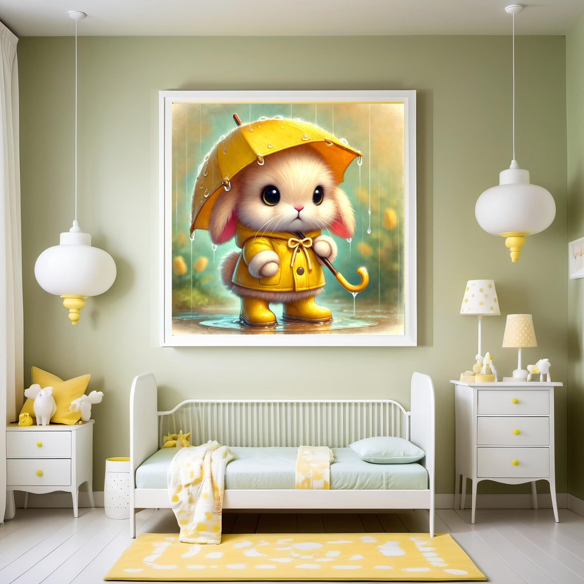 Bunny with Yellow Umbrella Art Print: Rainy Day Nursery Decor (Digital Download)