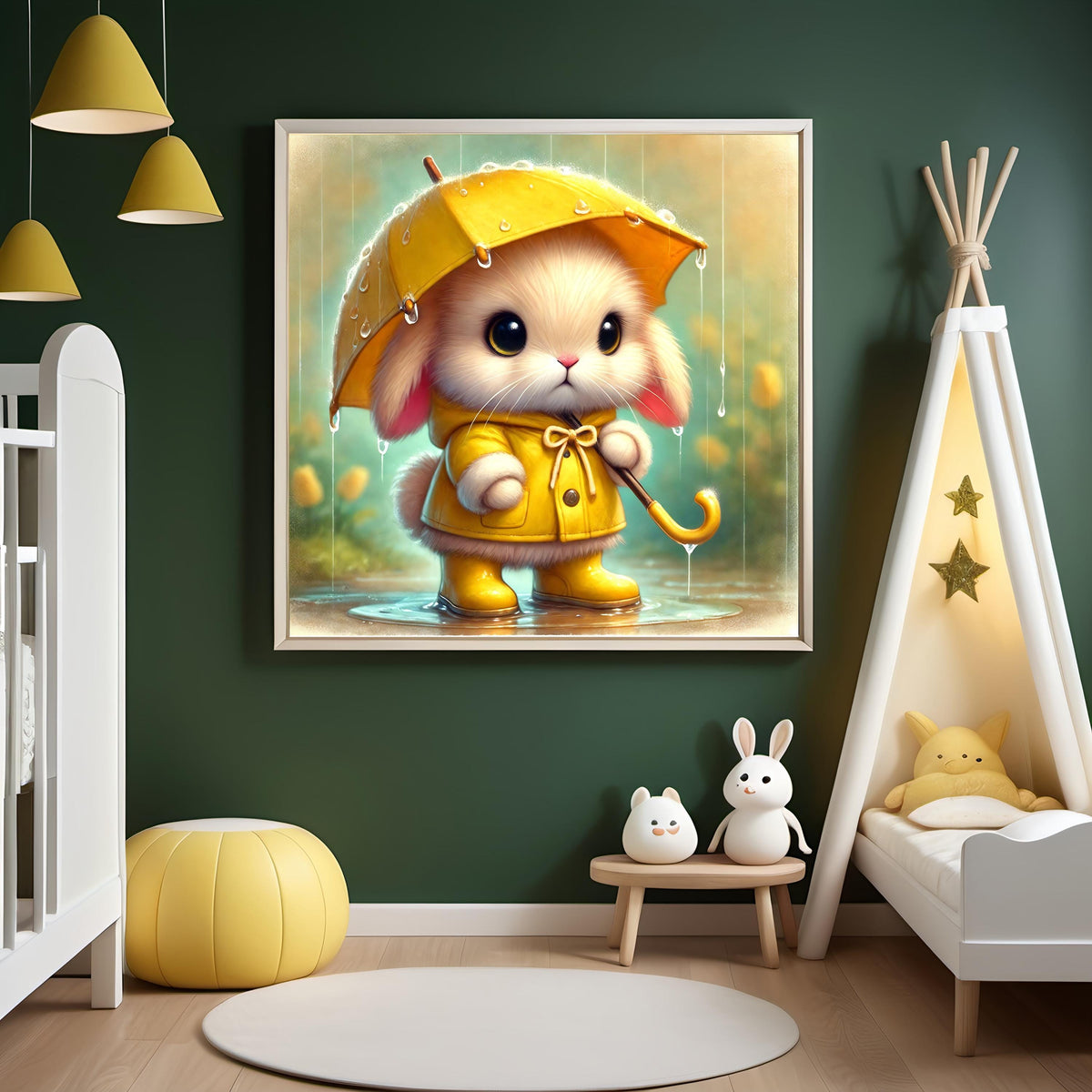 Bunny with Yellow Umbrella Art Print: Rainy Day Nursery Decor (Digital Download)