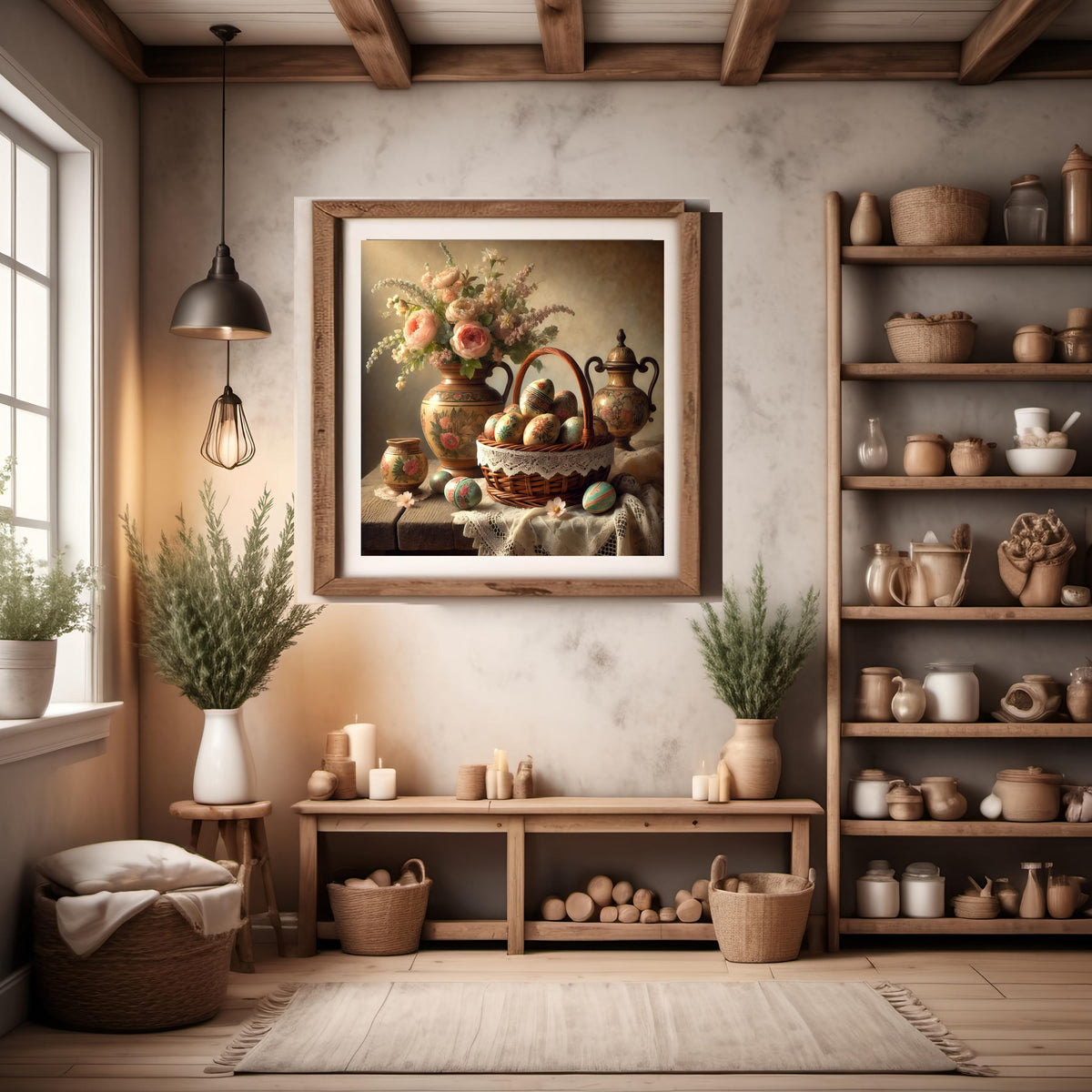 Rustic Easter Egg Basket Still Life: Vintage Floral Cottagecore Art (Digital Print)