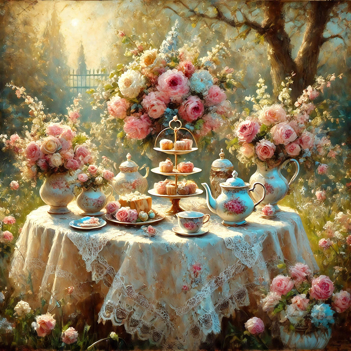Victorian Tea Party Print: Elegant Floral Still Life, Cottagecore Wall Art (Digital Download)