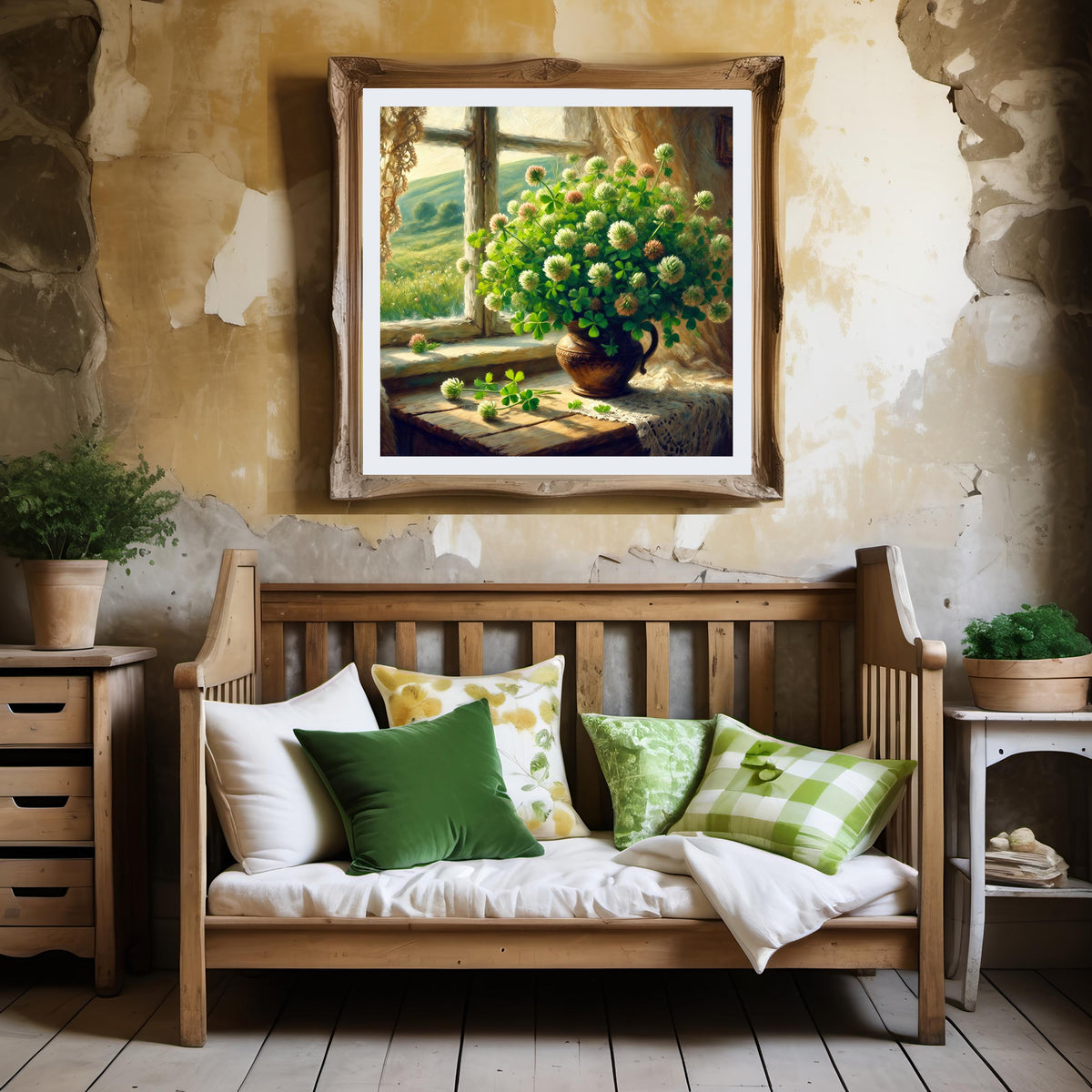 Irish Clover Still Life Print: Vintage Cottage Window, Farmhouse Decor (Digital Download)
