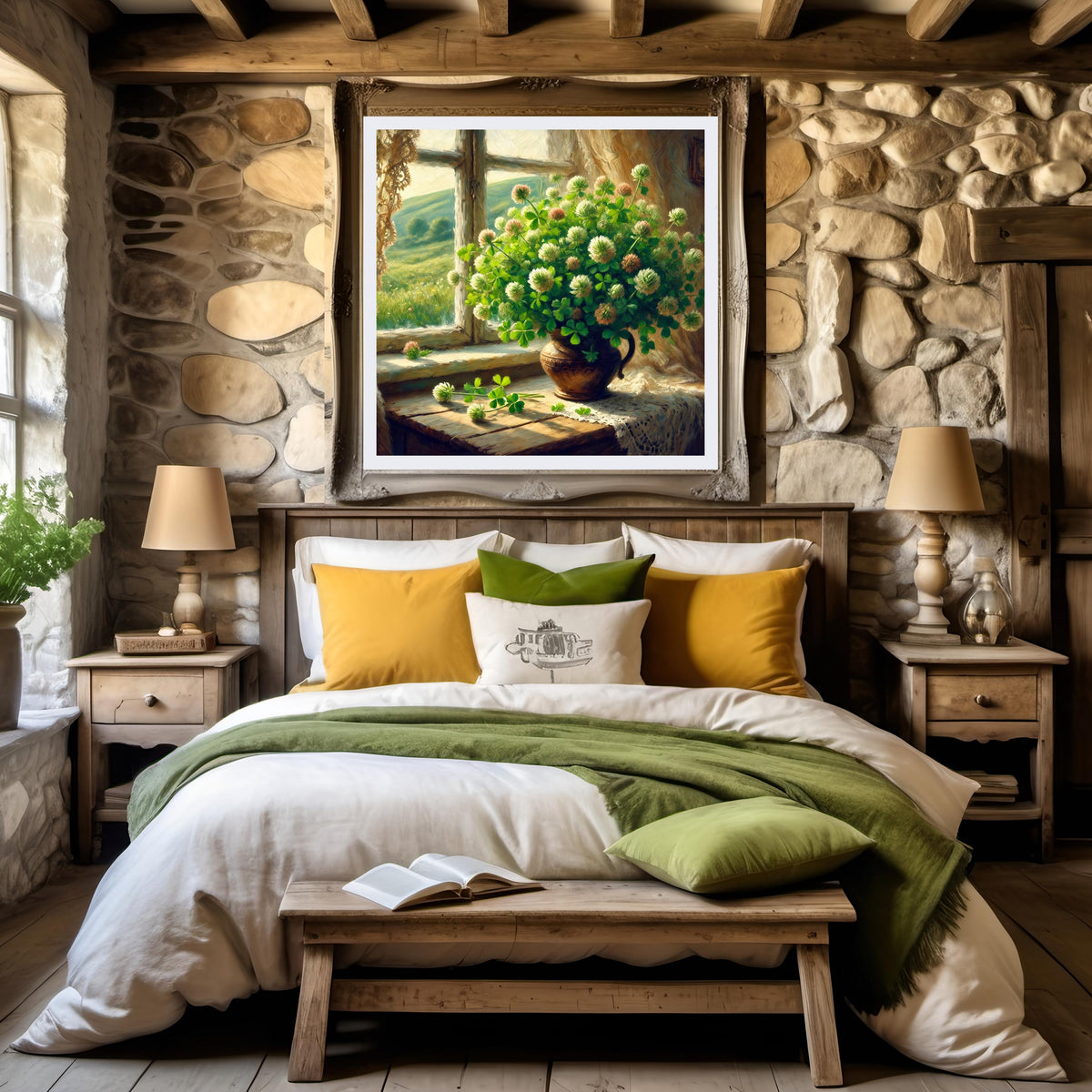 Irish Clover Still Life Print: Vintage Cottage Window, Farmhouse Decor (Digital Download)