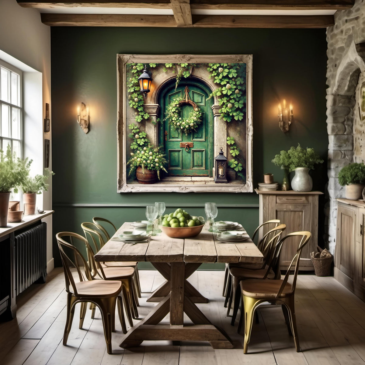 Irish Cottage Door Print: Rustic Green Door, Clover Wreath (Digital Download)