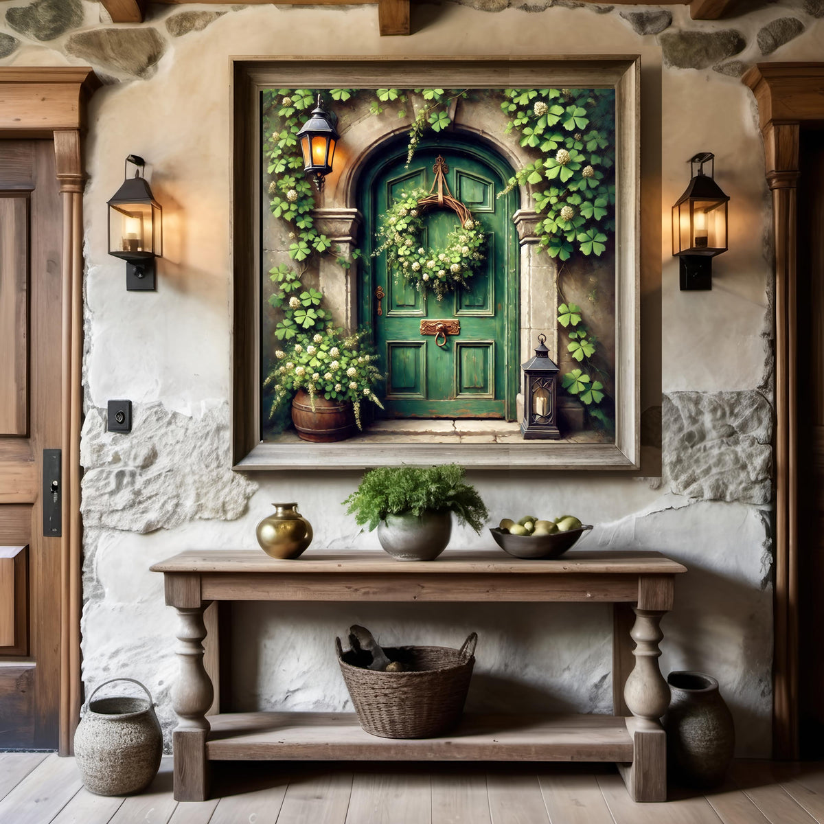Irish Cottage Door Print: Rustic Green Door, Clover Wreath (Digital Download)