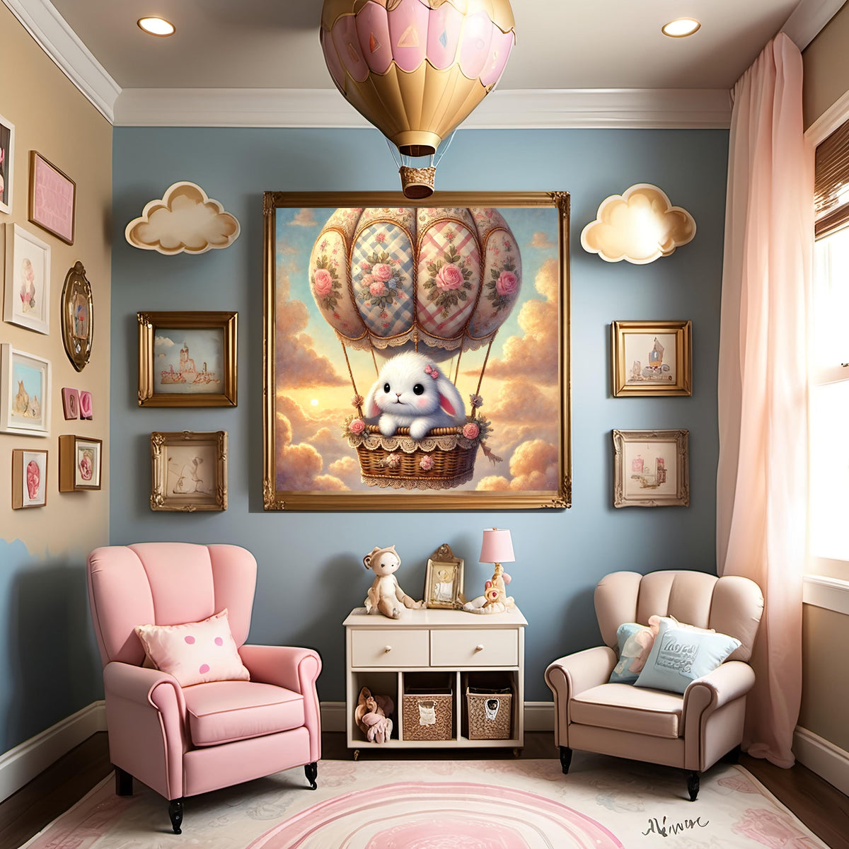 Vintage Bunny Hot Air Balloon Print: Whimsical Nursery Decor (Digital Download)
