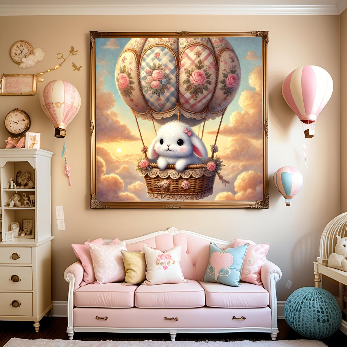 Vintage Bunny Hot Air Balloon Print: Whimsical Nursery Decor (Digital Download)
