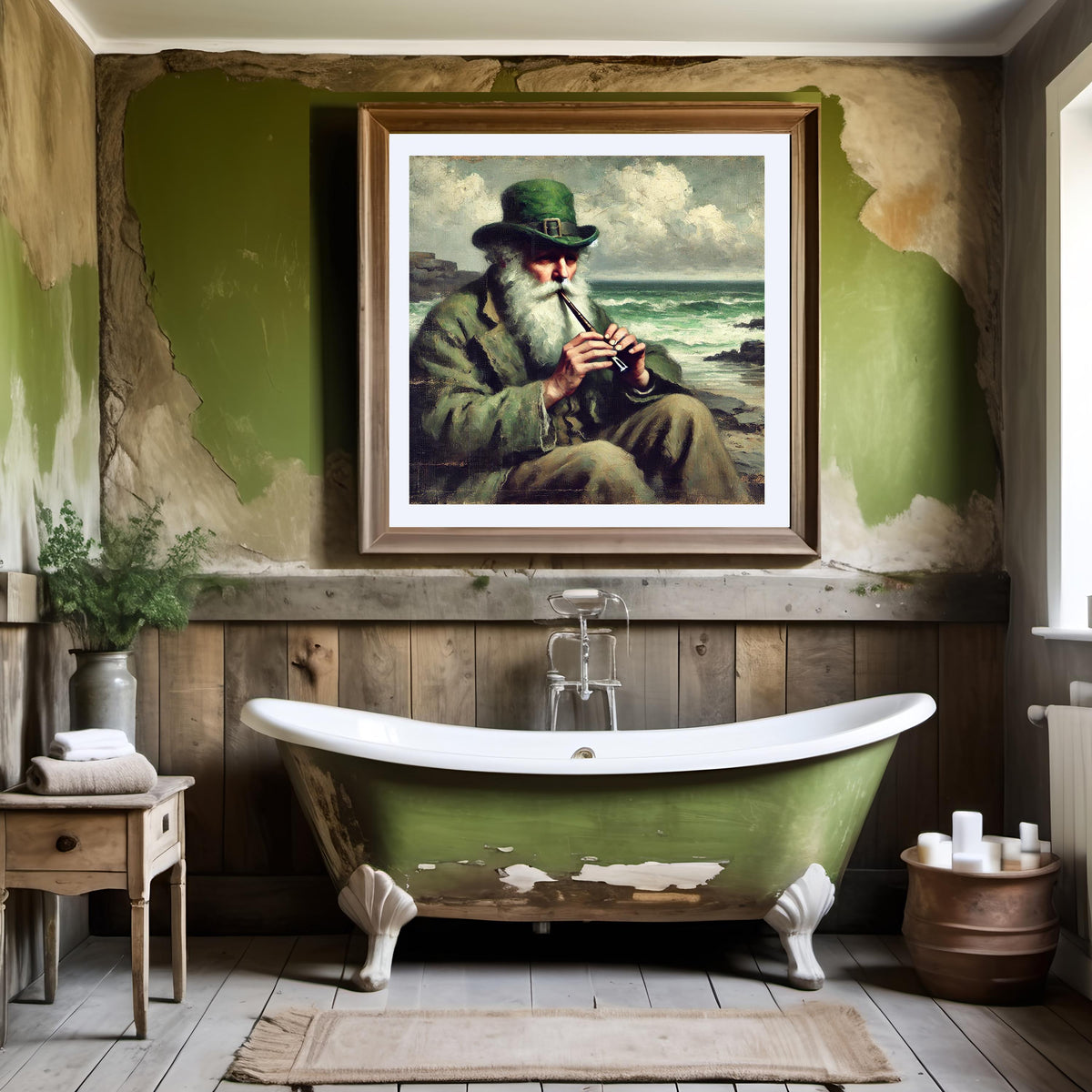 Vintage Irish Whistle Player Seaside Painting: Celtic Wall Art (Digital Download)