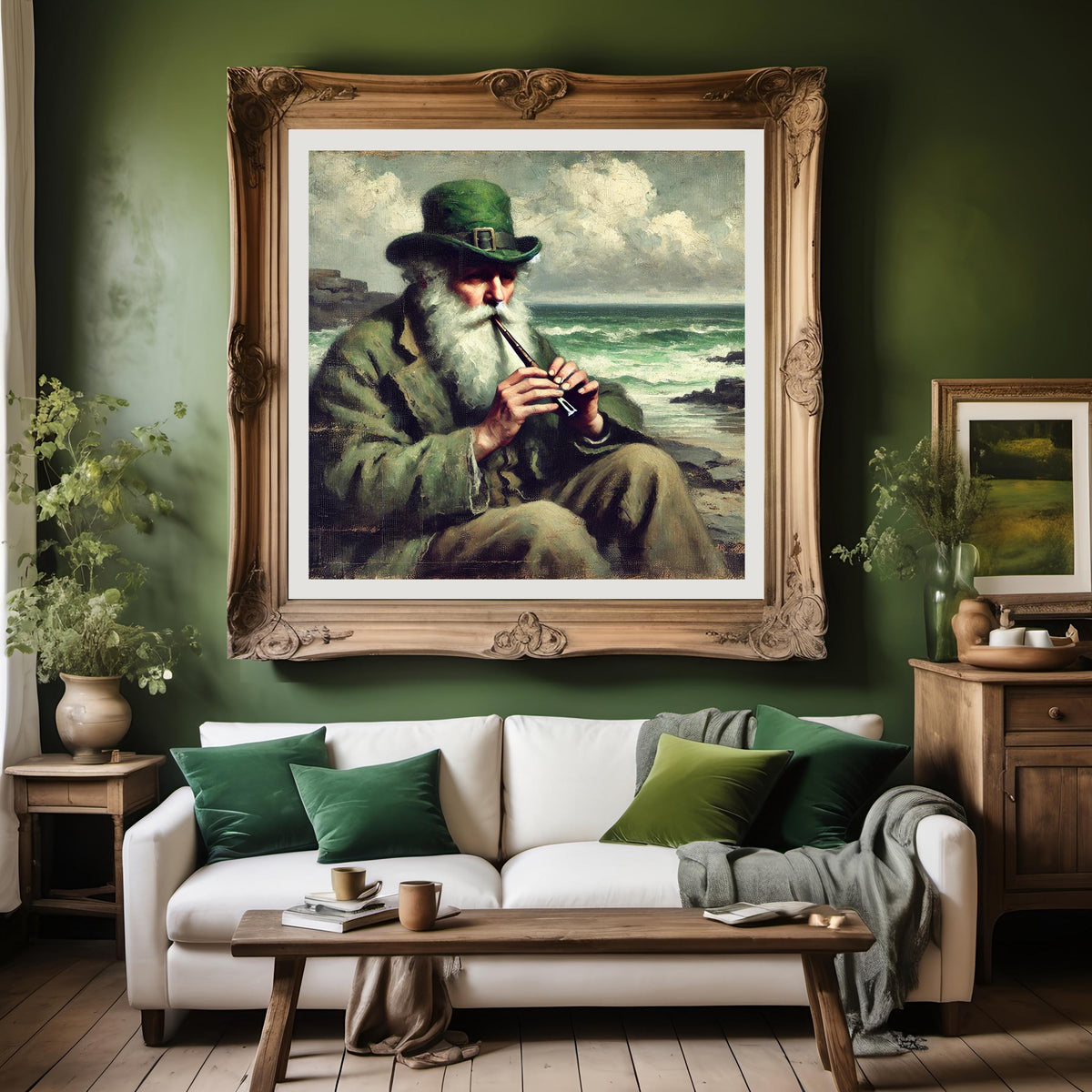 Vintage Irish Whistle Player Seaside Painting: Celtic Wall Art (Digital Download)