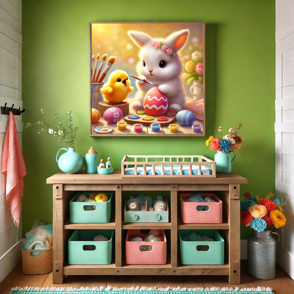 Easter Bunny & Chick Painting Eggs: Whimsical Nursery Art (Digital Download)