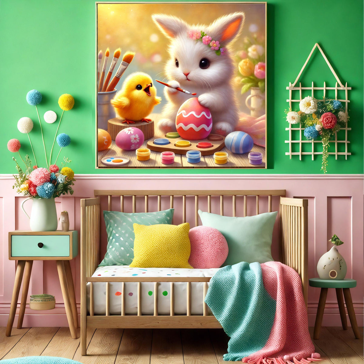 Easter Bunny & Chick Painting Eggs: Whimsical Nursery Art (Digital Download)
