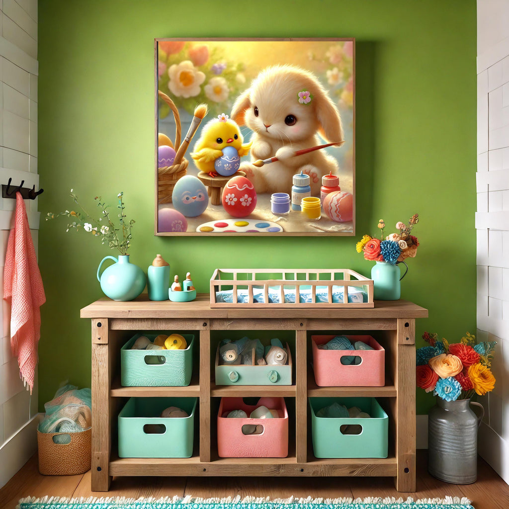 Easter Bunny & Chick Painting Eggs: Whimsical Spring Print (Digital Download)
