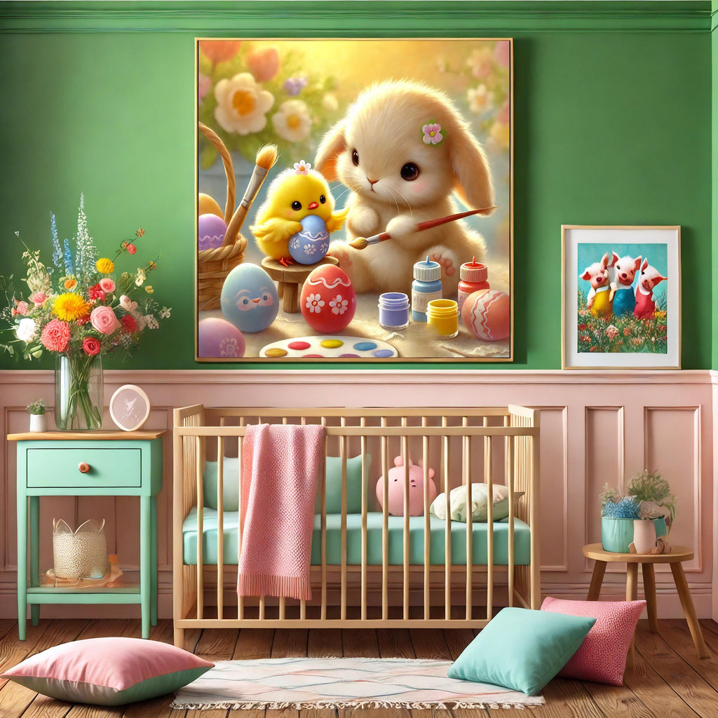 Easter Bunny & Chick Painting Eggs: Whimsical Spring Print (Digital Download)