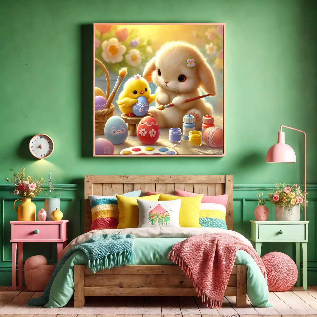 Easter Bunny & Chick Painting Eggs: Whimsical Spring Print (Digital Download)