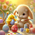 Easter Bunny & Chick Painting Eggs: Whimsical Spring Print (Digital Download)