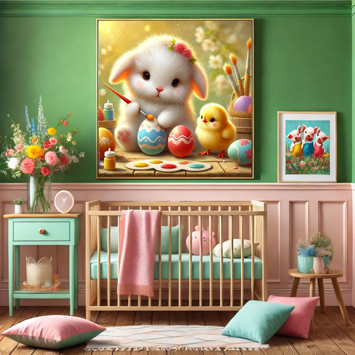 Easter Bunny & Chick Painting Eggs: Whimsical Spring Nursery Art (Digital Download)