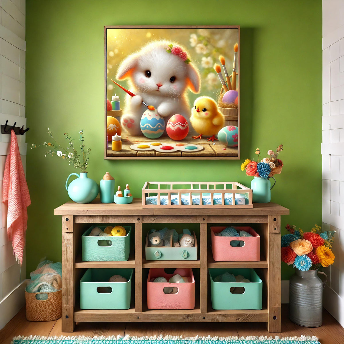 Easter Bunny & Chick Painting Eggs: Whimsical Spring Nursery Art (Digital Download)
