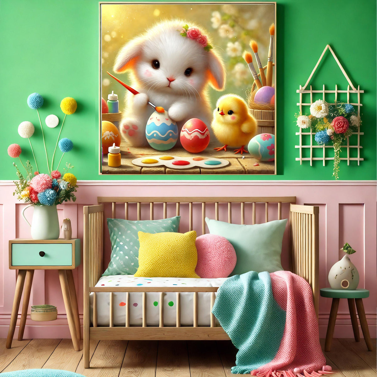Easter Bunny & Chick Painting Eggs: Whimsical Spring Nursery Art (Digital Download)