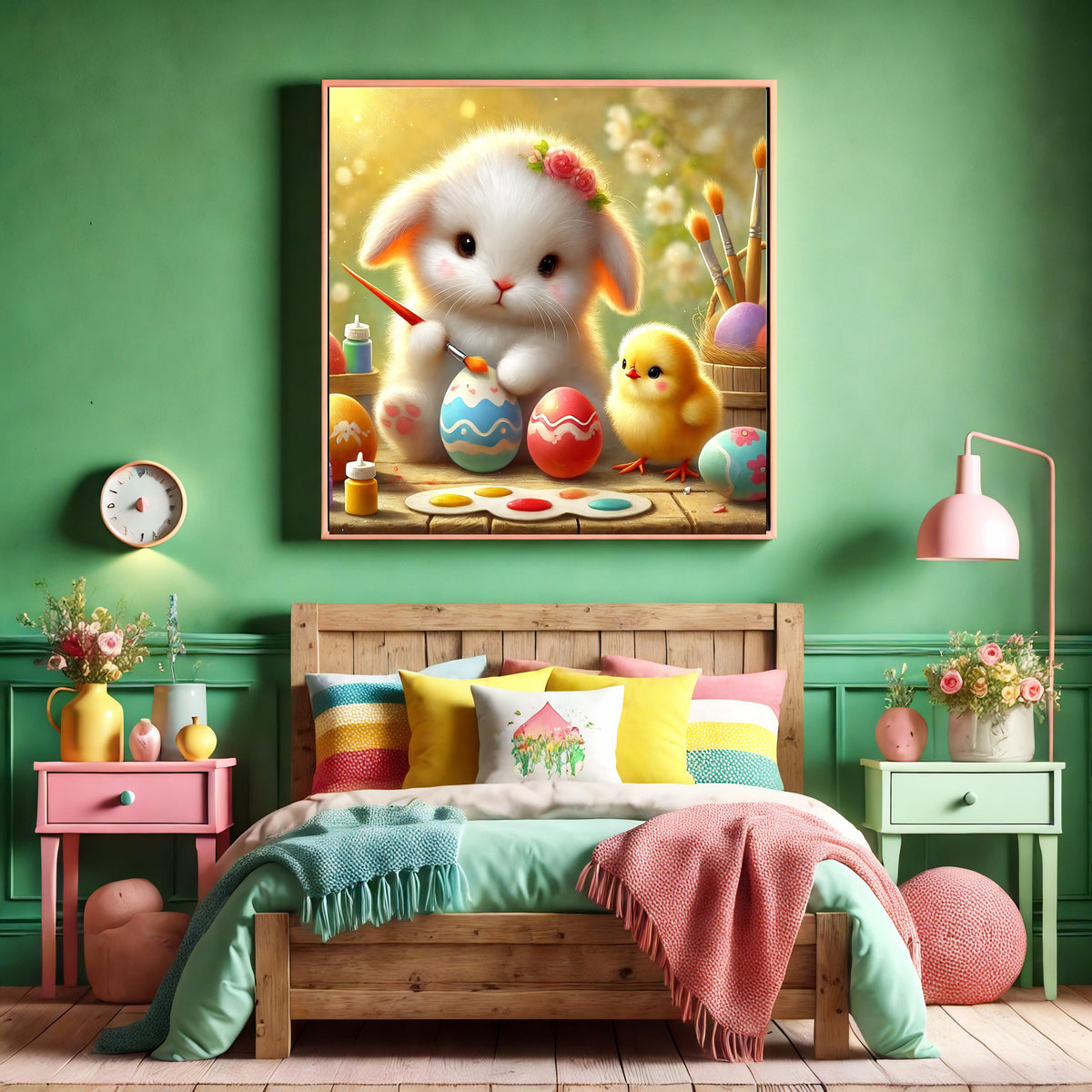 Easter Bunny & Chick Painting Eggs: Whimsical Spring Nursery Art (Digital Download)