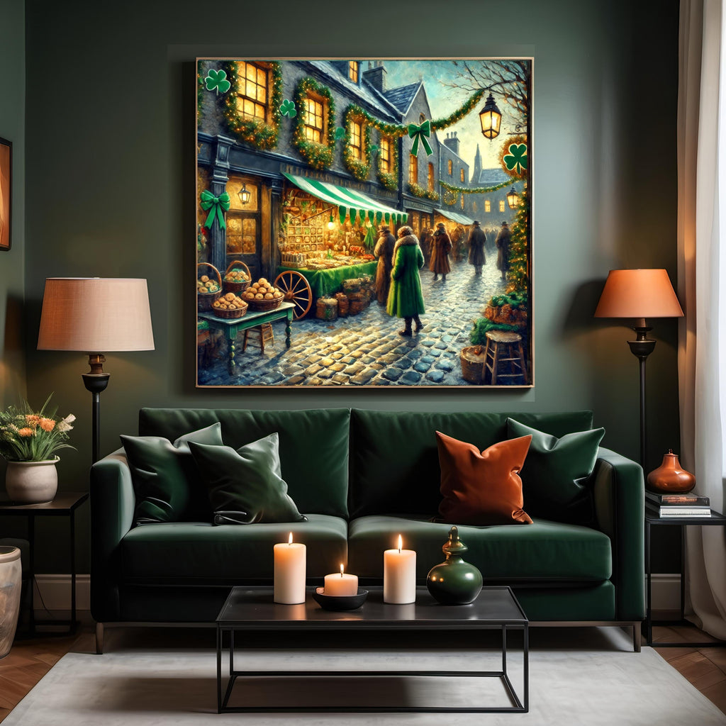 Vintage St. Patrick's Day Market Print: Festive Irish Town Scene (Digital Download)