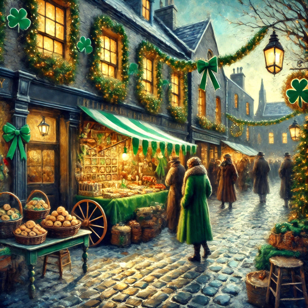 Vintage St. Patrick's Day Market Print: Festive Irish Town Scene (Digital Download)