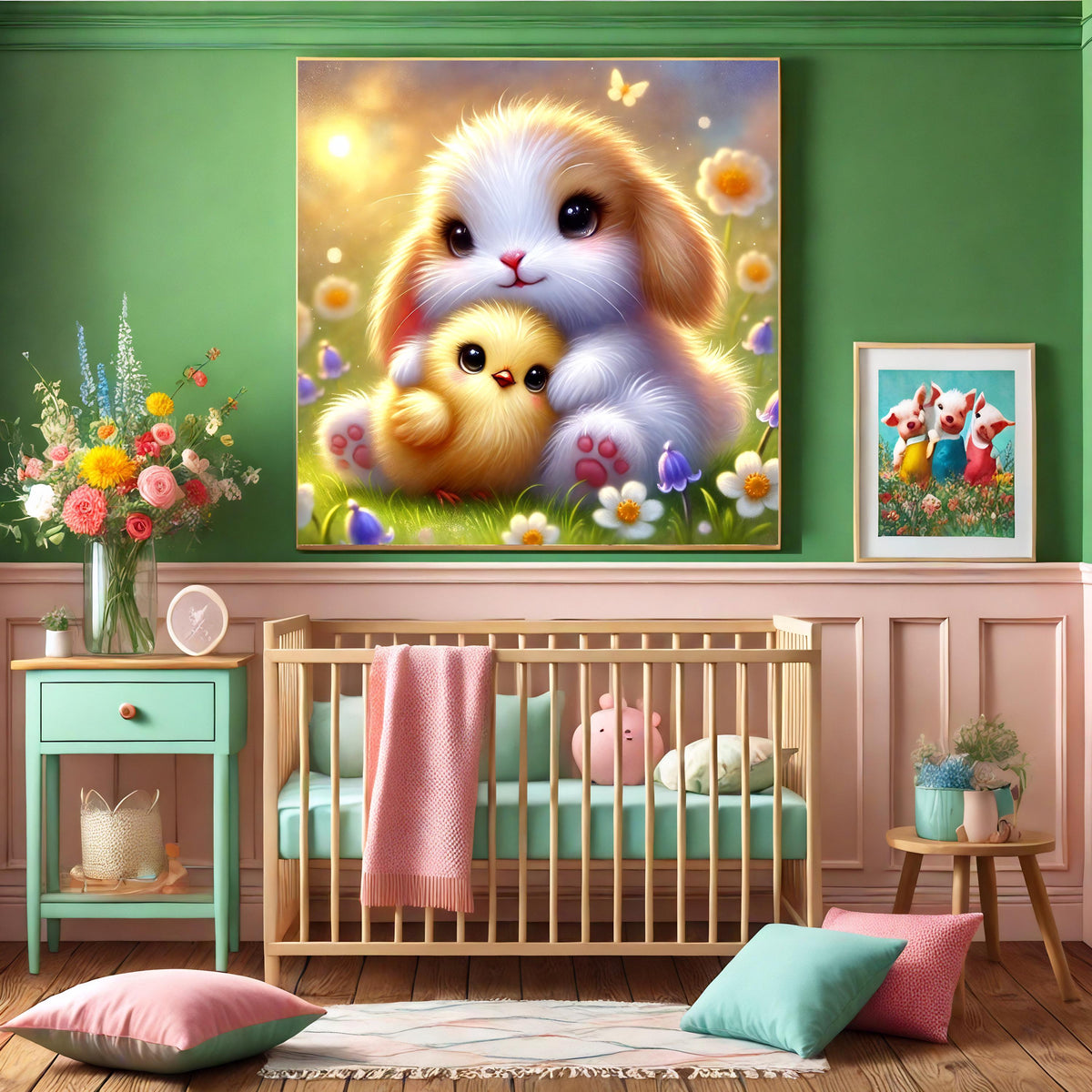 Bunny and Chick Springtime Friendship Art: Pastel Nursery Decor (Digital Download)