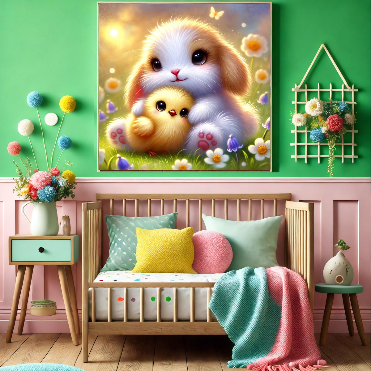 Bunny and Chick Springtime Friendship Art: Pastel Nursery Decor (Digital Download)