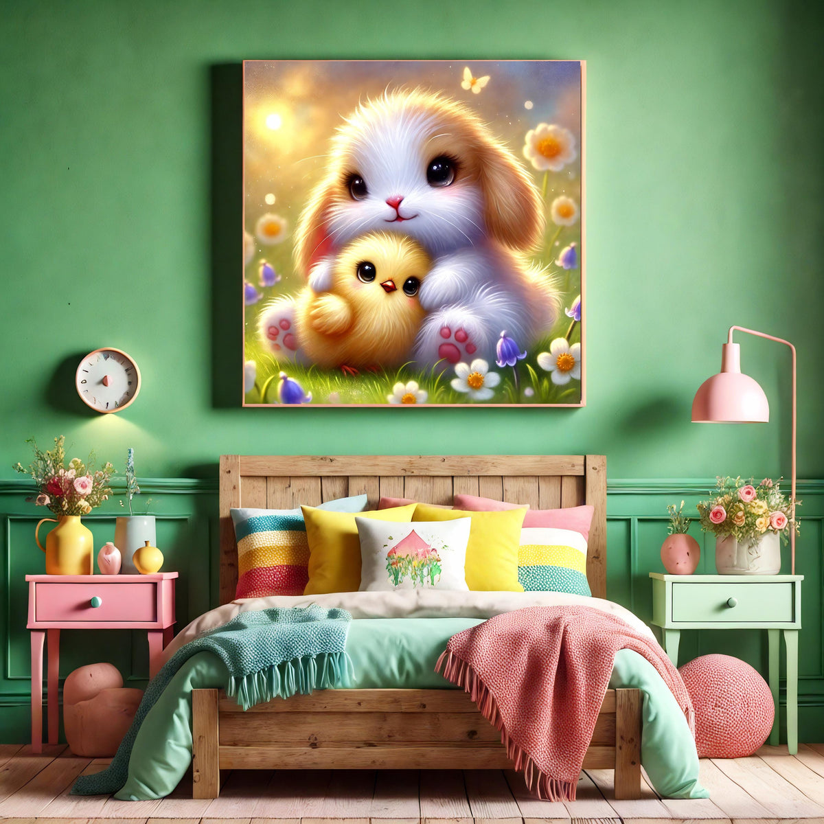 Bunny and Chick Springtime Friendship Art: Pastel Nursery Decor (Digital Download)