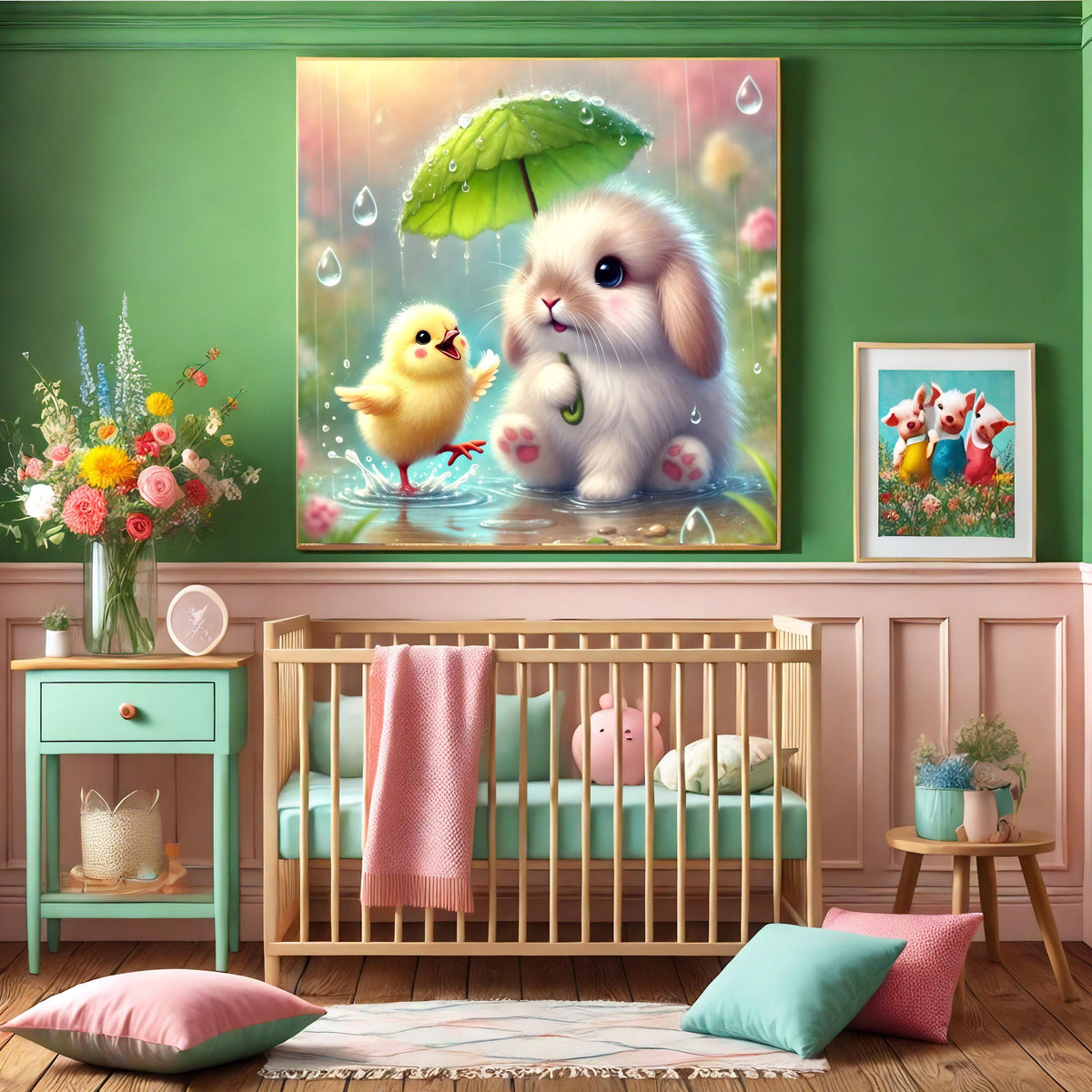 Bunny and Chick in Rain: Pastel Nursery Art (Digital Print)