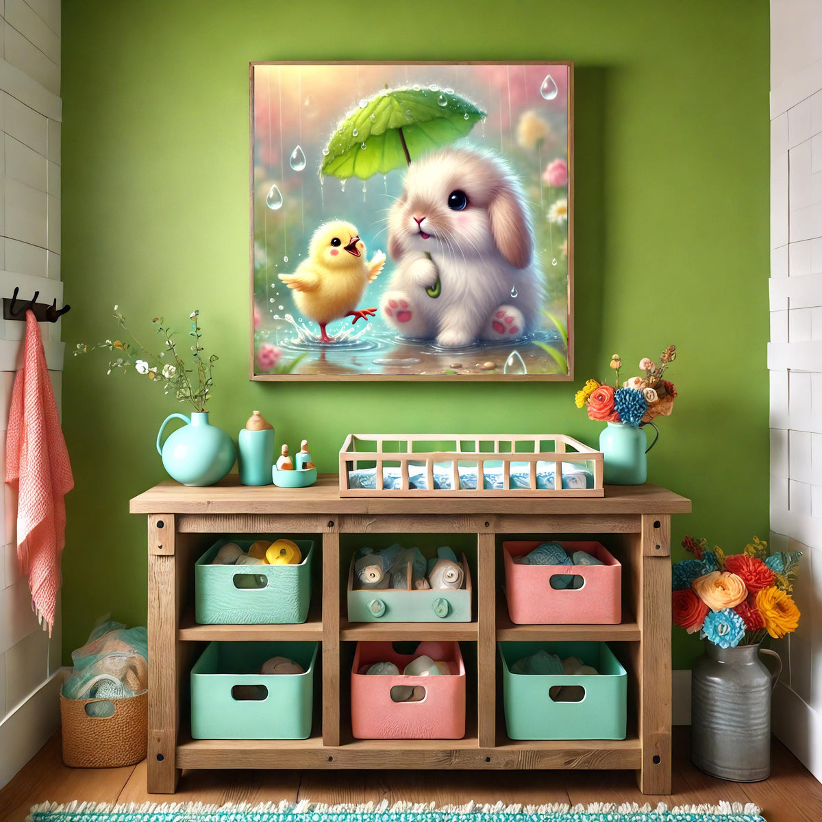 Bunny and Chick in Rain: Pastel Nursery Art (Digital Print)