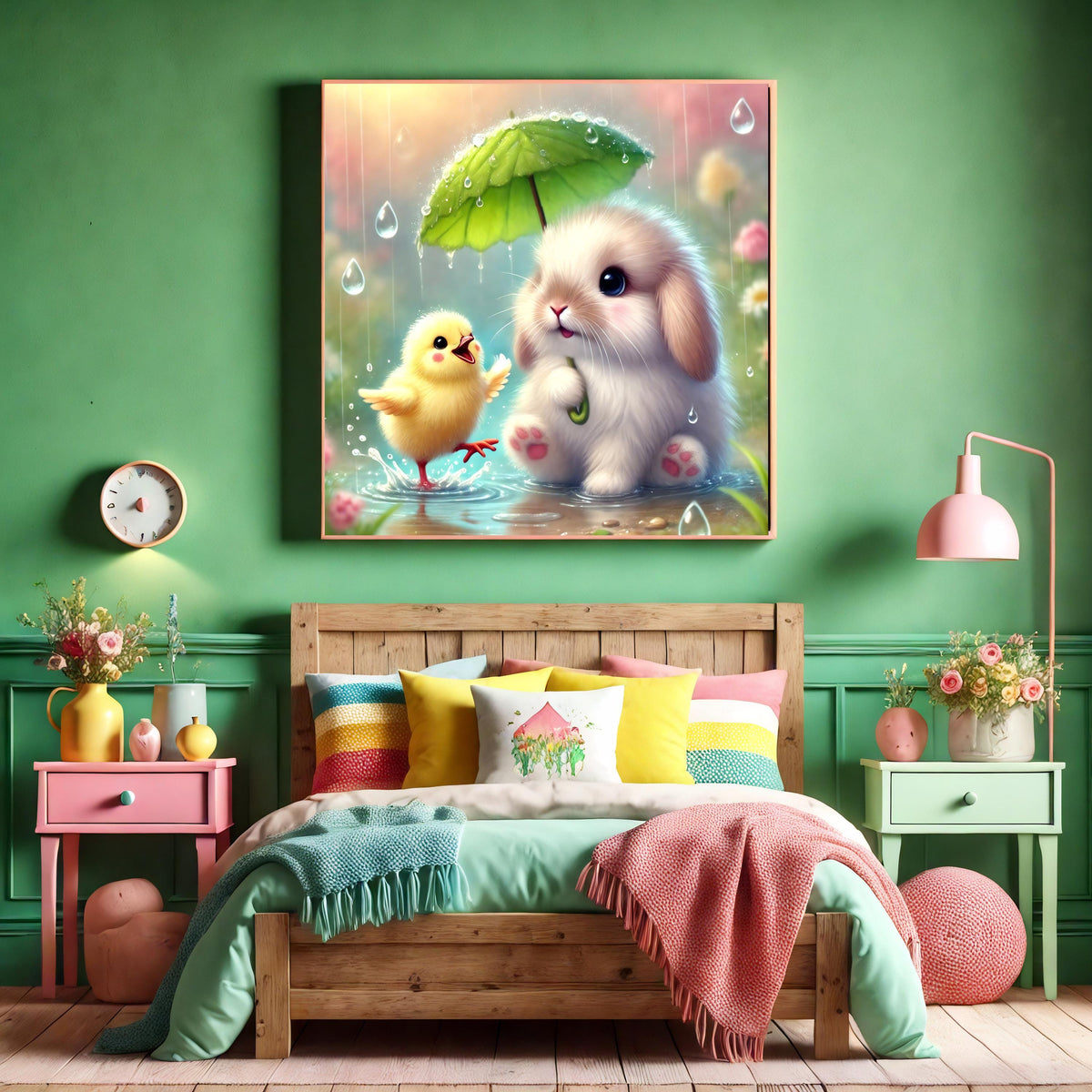 Bunny and Chick in Rain: Pastel Nursery Art (Digital Print)