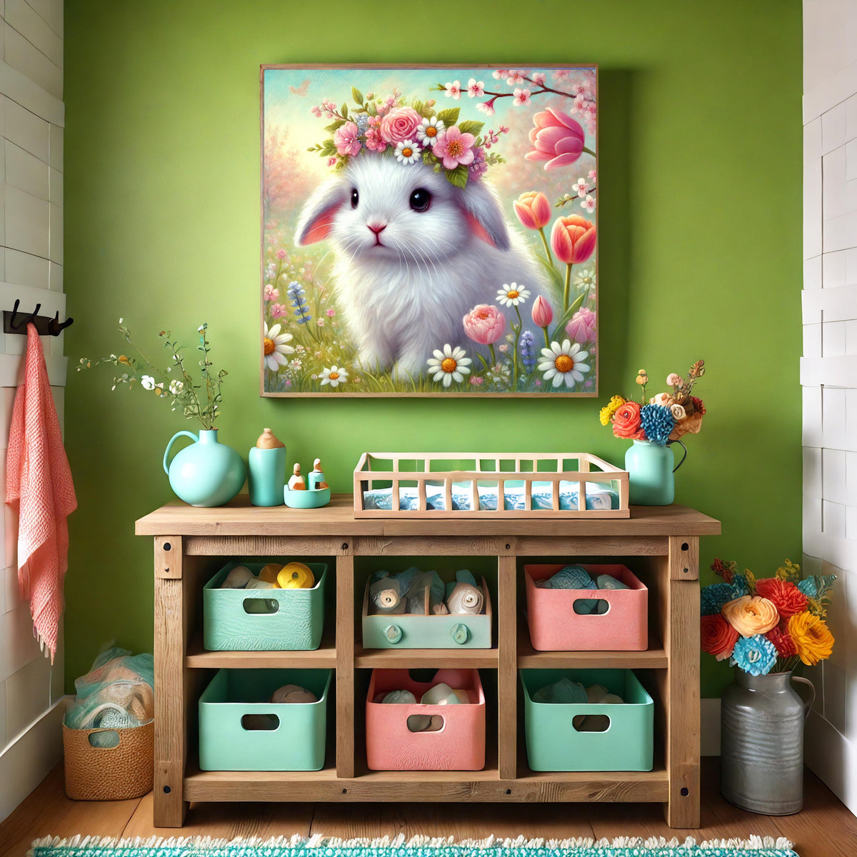 Floral Crown Bunny Print: Whimsical Cottagecore Easter Decor (Digital Download)
