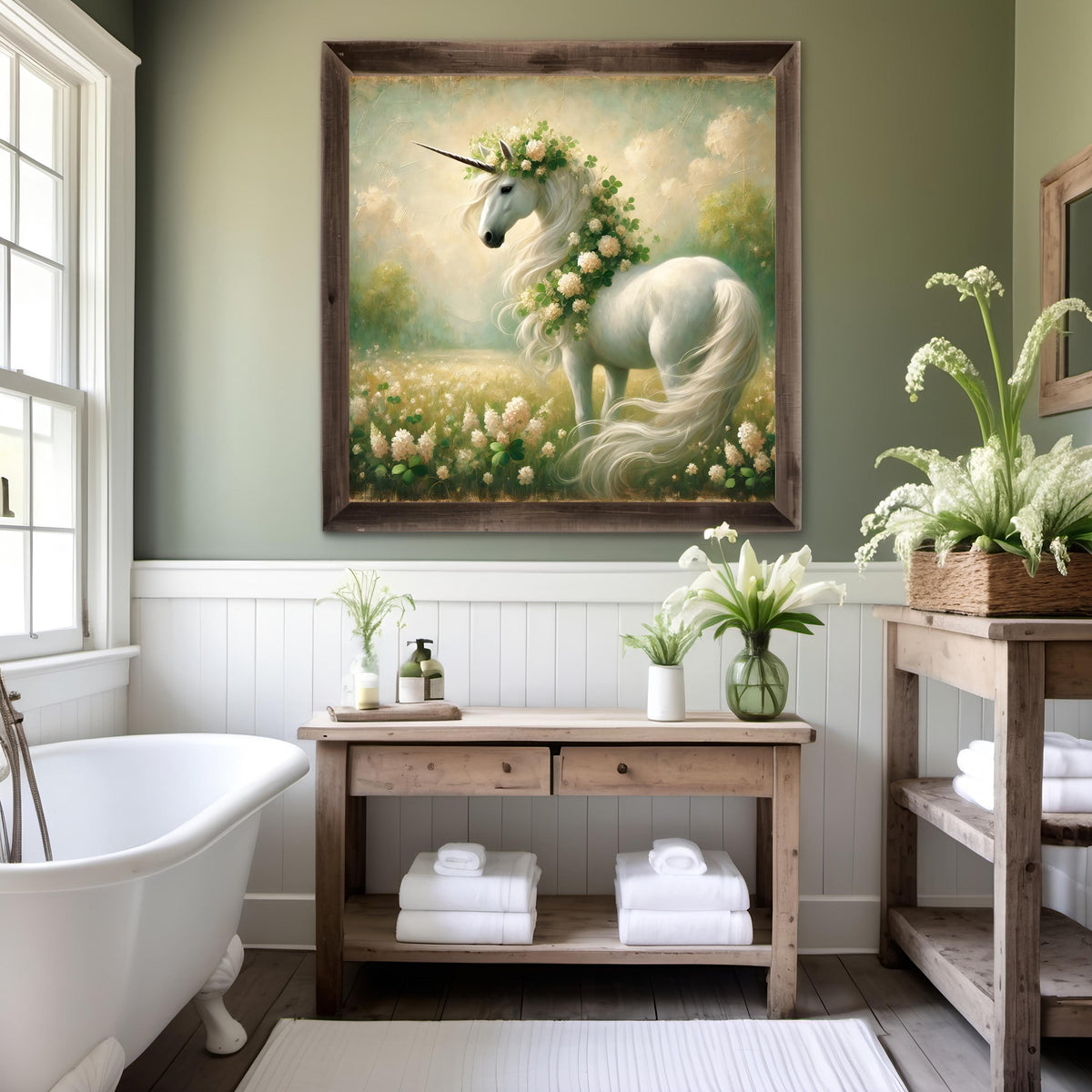Magical Clover Unicorn Print: Vintage Impressionist Fantasy Art (Digital Download)