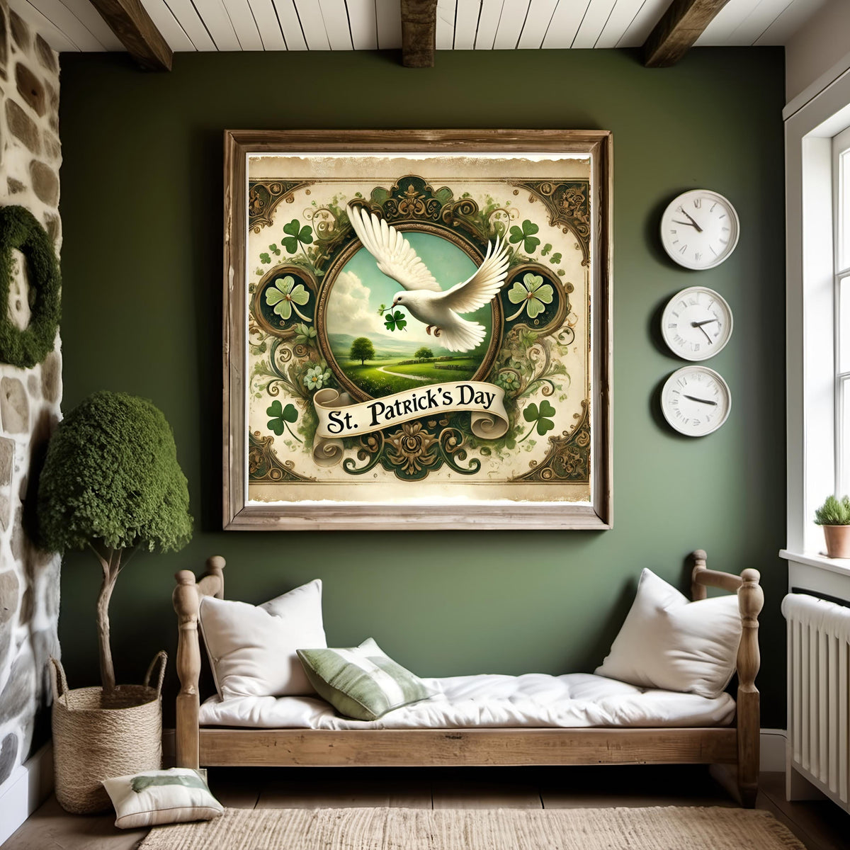 Vintage St Patrick's Day Dove Art: Irish Shamrock Digital Print (Instant Download)