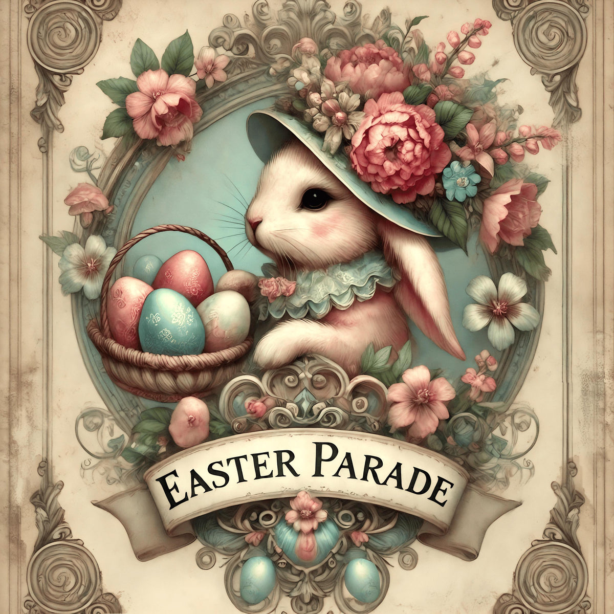 Vintage Bunny Easter Parade Sign: Victorian Spring Wall Art (Digital Print)